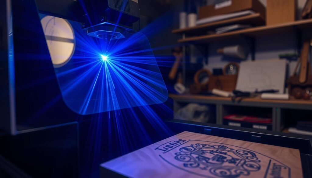 A close-up view of a laser engraving machine in a dimly lit workshop. The machine's sleek, modern design features a glass enclosure and a high-precision laser head that glides effortlessly across the surface of a wooden plaque. Rays of blue-violet light emanate from the laser, creating intricate patterns and designs as it etches the wood. The workshop is filled with the subtle hum of the machinery, creating a serene and focused atmosphere. In the background, various tools and materials for laser engraving are neatly organized, suggesting the precision and care required for this specialized craft. A close-up view of a laser engraving machine in a dimly lit workshop. The machine's sleek, modern design features a glass enclosure and a high-precision laser head that glides effortlessly across the surface of a wooden plaque. Rays of blue-violet light emanate from the laser, creating intricate patterns and designs as it etches the wood. The workshop is filled with the subtle hum of the machinery, creating a serene and focused atmosphere. In the background, various tools and materials for laser engraving are neatly organized, suggesting the precision and care required for this specialized craft.