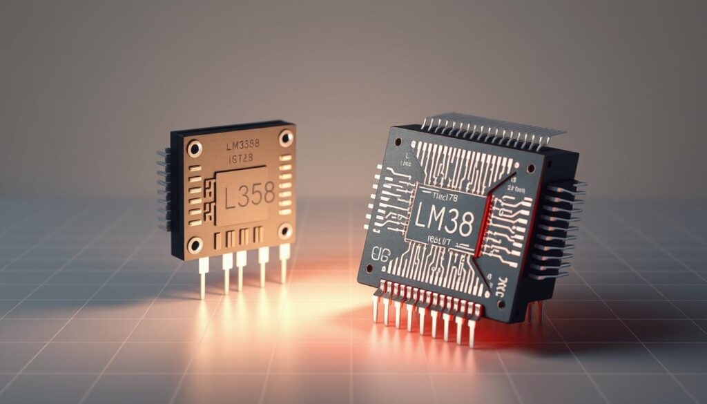 A cross-sectional diagram of the LM358 operational amplifier, showcased in a technical, engineering-inspired style. The foreground depicts the integrated circuit package with its pins and internal component layout, rendered with precise, intricate detail. The midground features a cutaway view exposing the silicon die and the circuit topology within, illustrating the fundamental operational amplifier architecture. The background provides a clean, minimalist setting, with muted tones and subtle grid patterns to emphasize the technical nature of the subject. Lighting is directed to highlight the three-dimensional aspects of the design, creating depth and emphasizing the engineering precision. The overall mood is one of technical sophistication, inviting the viewer to explore the inner workings of this essential electronic component.