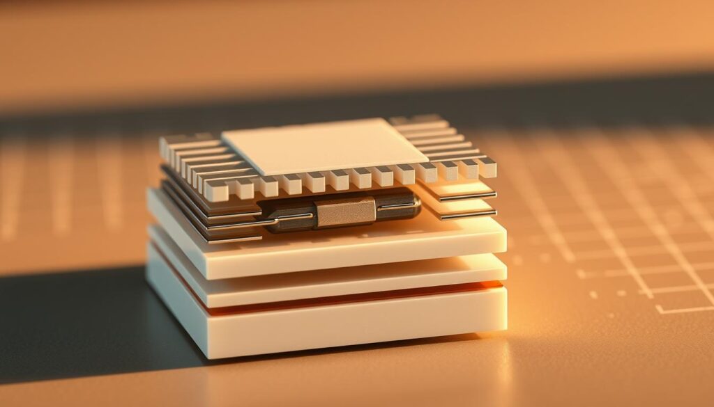 A detailed cross-section diagram of a Peltier device, also known as a thermoelectric cooler. Highlighted in the foreground is the core component - a pair of semiconductor junctions, one hot and one cold, connected by thin metal interconnects. The middle ground shows the ceramic plates that sandwich the junctions, providing structural support and thermal insulation. In the background, a subtle grid pattern represents the microscopic crystal structure of the semiconductor materials. Soft, warm lighting from the side casts gentle shadows, emphasizing the precise layered design of this compact solid-state heat pump. The overall tone is technical, clinical, and educational, suitable for illustrating the definition and inner workings of a Peltier device.