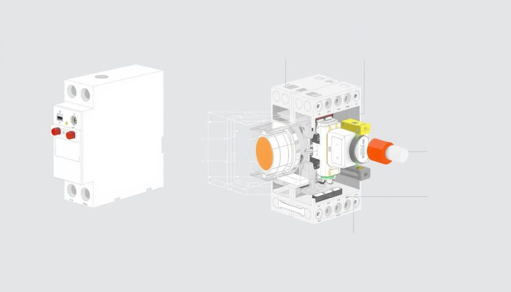 A detailed cross-section diagram showcasing the internal structure and components of a contactron. The image should feature a clean, technical illustration with a neutral color palette, utilizing a combination of orthographic and exploded views to clearly convey the contactron's design and functionality. The foreground should highlight the essential elements such as the reed switch, magnet, and enclosure, while the background should provide a minimalist context, emphasizing the contactron's role in automation and security systems. The overall mood should be informative and educational, conveying a sense of technical precision and understanding of this crucial sensor device. A detailed cross-section diagram showcasing the internal structure and components of a contactron. The image should feature a clean, technical illustration with a neutral color palette, utilizing a combination of orthographic and exploded views to clearly convey the contactron's design and functionality. The foreground should highlight the essential elements such as the reed switch, magnet, and enclosure, while the background should provide a minimalist context, emphasizing the contactron's role in automation and security systems. The overall mood should be informative and educational, conveying a sense of technical precision and understanding of this crucial sensor device.