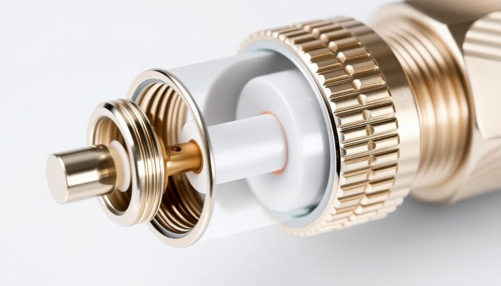 A detailed, technical cross-section of an SMA connector showcasing its internal components and construction. The connector is rendered in high-detail with a focus on accuracy and precision, highlighting the threaded outer casing, central pin, insulating material, and grounding sleeve. The image has a clean, professional aesthetic with soft, directional lighting that enhances the metallic and plastic textures. The perspective is slightly elevated to provide a clear, unobstructed view of the connector's anatomy, making it an informative visual aid for understanding the structure and function of an SMA connector. A detailed, technical cross-section of an SMA connector showcasing its internal components and construction. The connector is rendered in high-detail with a focus on accuracy and precision, highlighting the threaded outer casing, central pin, insulating material, and grounding sleeve. The image has a clean, professional aesthetic with soft, directional lighting that enhances the metallic and plastic textures. The perspective is slightly elevated to provide a clear, unobstructed view of the connector's anatomy, making it an informative visual aid for understanding the structure and function of an SMA connector.