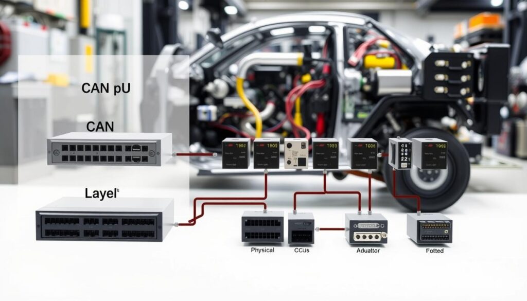 A detailed technical diagram depicting the CAN bus architecture. The foreground shows the CAN protocol layers, including the physical layer, data link layer, and application layer. The middle ground features various electronic control units (ECUs) connected to the CAN bus, each transmitting and receiving data. The background depicts a complex automotive system, with sensors, actuators, and other CAN-enabled devices. The lighting is crisp and technical, with a slight industrial feel. The camera angle is slightly elevated, providing a comprehensive overview of the CAN bus system. The overall atmosphere conveys a sense of efficiency, connectivity, and the importance of CAN technology in modern vehicle communication.