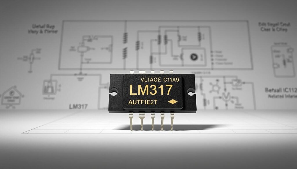 A detailed technical illustration of a voltage stabilizer circuit, featuring the LM317 integrated circuit. The foreground shows the LM317 chip with its key components clearly visible, such as the input and output terminals, and the adjustment pin. The middle ground depicts the supporting components like resistors, capacitors, and the overall circuit layout. The background showcases a clean, minimalist design with technical schematics and diagrams, conveying a sense of engineering precision. The lighting is bright and evenly distributed, highlighting the intricate details of the circuit. The overall mood is one of technical sophistication, reflecting the subject matter of voltage stabilization and the LM317 device. A detailed technical illustration of a voltage stabilizer circuit, featuring the LM317 integrated circuit. The foreground shows the LM317 chip with its key components clearly visible, such as the input and output terminals, and the adjustment pin. The middle ground depicts the supporting components like resistors, capacitors, and the overall circuit layout. The background showcases a clean, minimalist design with technical schematics and diagrams, conveying a sense of engineering precision. The lighting is bright and evenly distributed, highlighting the intricate details of the circuit. The overall mood is one of technical sophistication, reflecting the subject matter of voltage stabilization and the LM317 device.