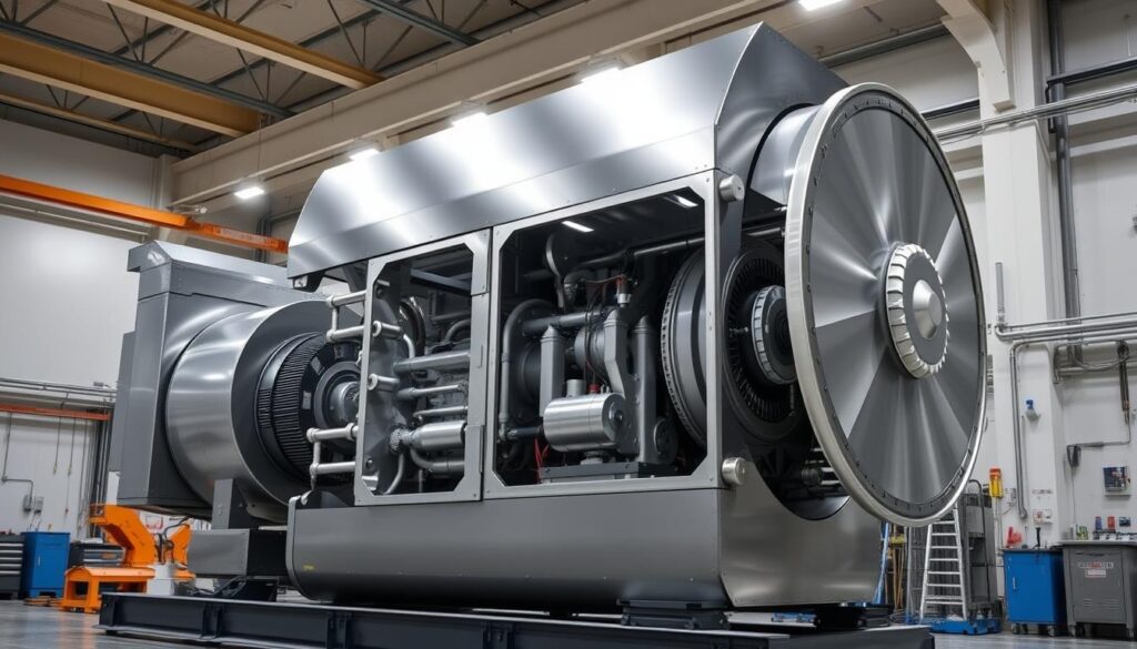 A large, modern electric generator standing in a well-lit industrial setting. The generator's metal casing has a sleek, polished finish that reflects the bright overhead lighting. Intricate mechanical components, including the rotor and stator, are visible through transparent panels, giving a glimpse into the generator's inner workings. The generator is surrounded by a clean, organized workspace, with various tools and equipment suggesting an active maintenance and repair environment. The overall scene conveys a sense of power, efficiency, and technological sophistication, aligning with the subject of electric power generation. A large, modern electric generator standing in a well-lit industrial setting. The generator's metal casing has a sleek, polished finish that reflects the bright overhead lighting. Intricate mechanical components, including the rotor and stator, are visible through transparent panels, giving a glimpse into the generator's inner workings. The generator is surrounded by a clean, organized workspace, with various tools and equipment suggesting an active maintenance and repair environment. The overall scene conveys a sense of power, efficiency, and technological sophistication, aligning with the subject of electric power generation.