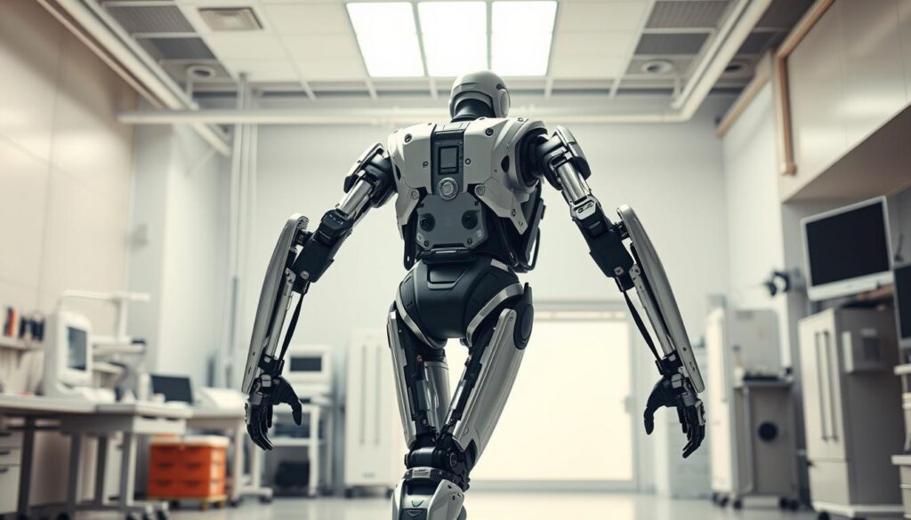 A large, sleek exoskeleton stands in a well-lit, high-tech laboratory. Gleaming metallic frames and joints encase a human form, powered by advanced servo motors and sensors. The exoskeleton's limbs are poised, ready to assist the wearer in tasks requiring enhanced strength and mobility. In the background, various medical and industrial equipment hint at the diverse applications of this cutting-edge technology. Soft, diffused lighting creates a sense of awe and wonder, highlighting the exoskeleton's seamless integration of man and machine. This image captures the essence of the introduction to exoskeletons, showcasing their potential to revolutionize human movement and capabilities in both medical and industrial settings.