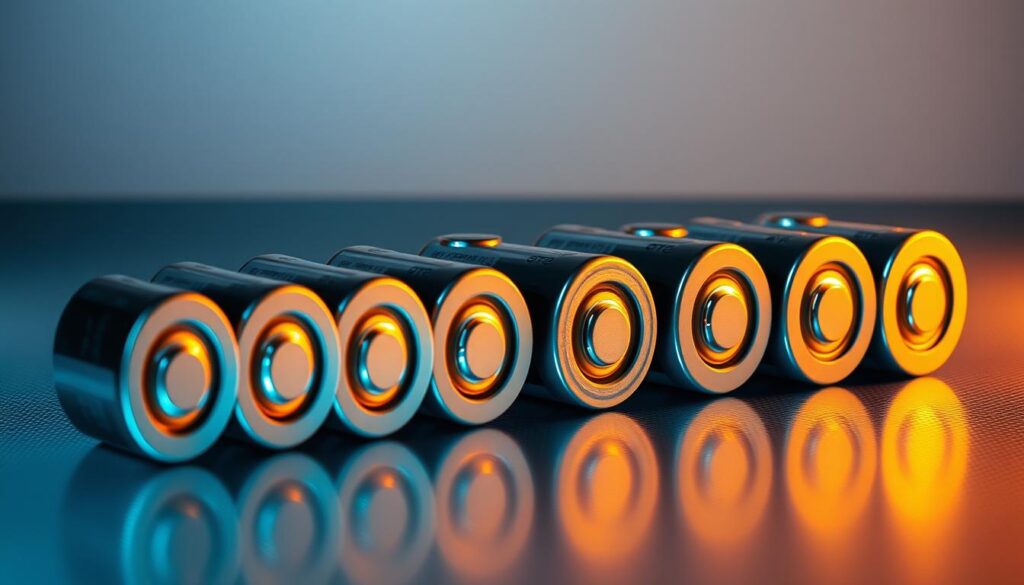 A series of rechargeable batteries arranged in a linear configuration, with their positive and negative terminals connected consecutively. The setup is illuminated by a warm, directional light source, casting soft shadows that highlight the cylindrical forms and metallic surfaces. The batteries are placed on a reflective, textured surface, creating a sense of depth and dimensionality. The composition emphasizes the clean, minimalist aesthetic of the arrangement, conveying a technical, engineering-focused atmosphere. A series of rechargeable batteries arranged in a linear configuration, with their positive and negative terminals connected consecutively. The setup is illuminated by a warm, directional light source, casting soft shadows that highlight the cylindrical forms and metallic surfaces. The batteries are placed on a reflective, textured surface, creating a sense of depth and dimensionality. The composition emphasizes the clean, minimalist aesthetic of the arrangement, conveying a technical, engineering-focused atmosphere.