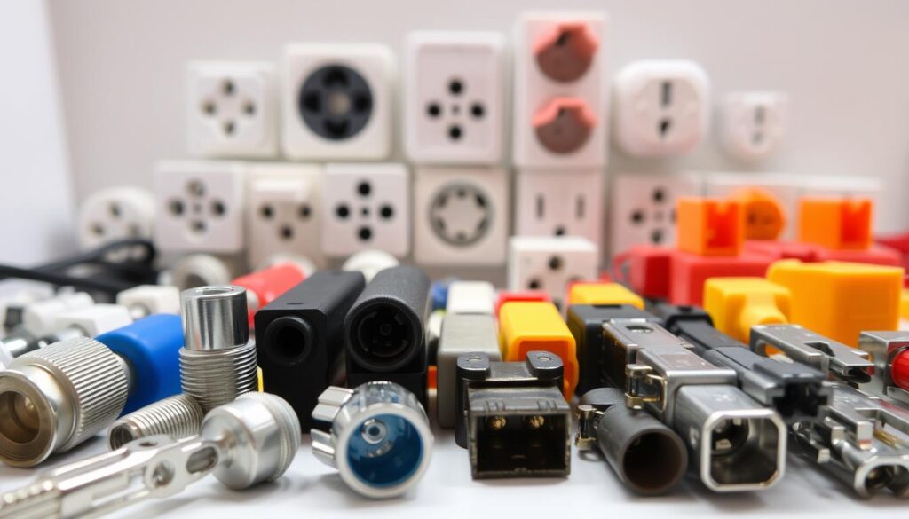 A well-lit, close-up view of a variety of electrical connectors, showcasing the diverse shapes, sizes, and materials used in electrical wiring. Prominent in the foreground are several different types of electrical terminals, including screw-in, push-in, and crimp-style connectors, highlighting their unique designs and functions. In the middle ground, a collection of electrical outlets and sockets demonstrate the range of connection points found in modern electrical systems. The background features a clean, neutral environment, allowing the technical details of the electrical components to take center stage. The overall composition conveys a sense of precision, functionality, and the fundamental role these unassuming yet essential devices play in powering our everyday lives. A well-lit, close-up view of a variety of electrical connectors, showcasing the diverse shapes, sizes, and materials used in electrical wiring. Prominent in the foreground are several different types of electrical terminals, including screw-in, push-in, and crimp-style connectors, highlighting their unique designs and functions. In the middle ground, a collection of electrical outlets and sockets demonstrate the range of connection points found in modern electrical systems. The background features a clean, neutral environment, allowing the technical details of the electrical components to take center stage. The overall composition conveys a sense of precision, functionality, and the fundamental role these unassuming yet essential devices play in powering our everyday lives.