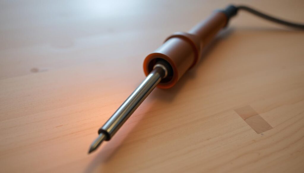 A well-lit soldering iron with a sleek, metallic body resting on a clean, wooden workbench. The iron's tip is glowing orange, radiating heat and ready to melt solder. The background is softly blurred, keeping the focus on the tool. The scene conveys a sense of precision and attention to detail, hinting at the delicate electronics repair and assembly work to be done. Subtle shadows and highlights accentuate the iron's form, showcasing its functional design. The overall mood is one of focused concentration, inviting the viewer to imagine the intricate tasks this tool can perform.
