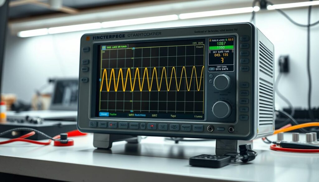 An oscilloscope screen displaying a detailed waveform diagram, with clear labels and measurements indicating various signal characteristics. The oscilloscope is situated on a clean, well-lit workbench, surrounded by electronic components and tools, conveying a sense of a professional electronics lab or workshop. The lighting is soft and directional, highlighting the intricate details of the oscilloscope display and creating a calm, focused atmosphere. The camera angle is positioned slightly above the oscilloscope, providing a clear, comprehensive view of the instrument and its surrounding environment.