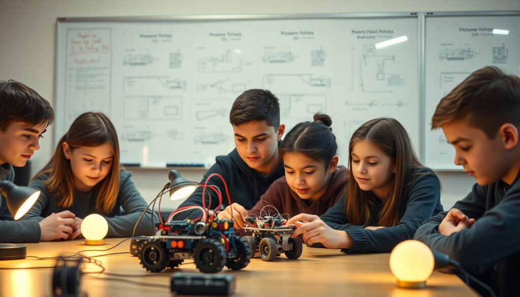 A classroom setting, with a whiteboard or chalkboard in the background displaying schematics and diagrams of various robotic systems. In the foreground, a group of students intently focused on a hands-on robotic assembly project, their faces illuminated by the warm glow of desk lamps. The scene is bathed in a soft, diffused lighting that creates a contemplative and educational atmosphere. The overall composition conveys a sense of curiosity, discovery, and the joy of learning the fundamentals of robotics.