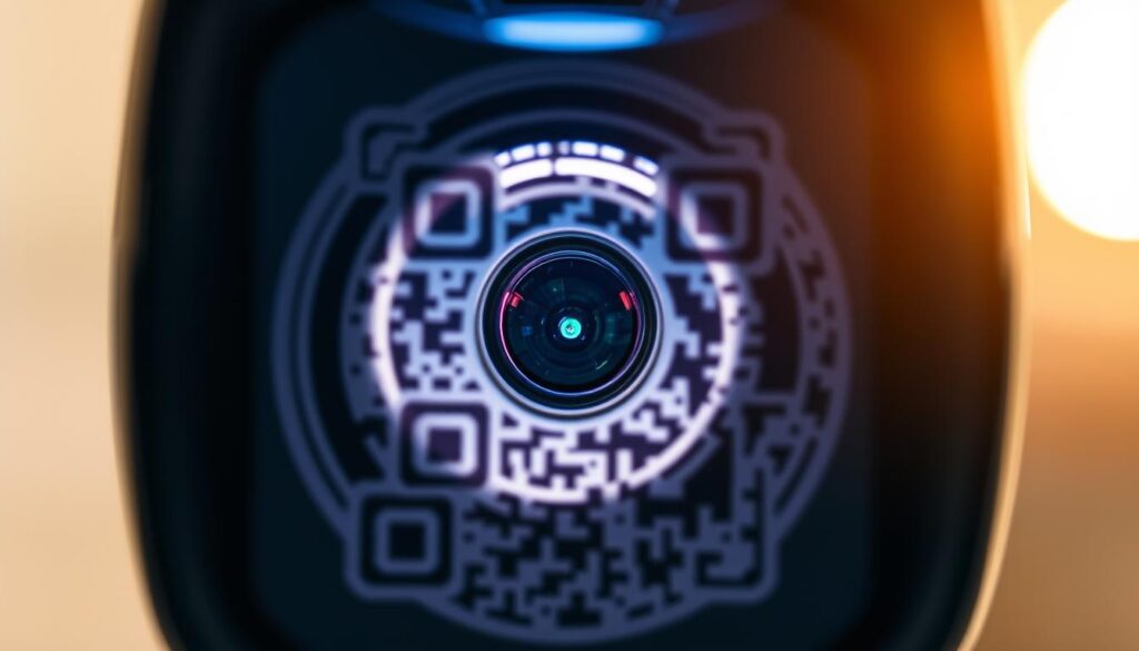 A close-up view of a QR code scanner device, capturing the intricate details of its inner workings. The scanner's sleek, modern design is illuminated by a soft, diffused lighting, creating a warm and inviting atmosphere. The image focuses on the scanner's lens, highlighting its precision and clarity, as well as the complex circuitry and sensors that enable the device to interpret the QR code's encoded information. The background is blurred, emphasizing the scanner as the central subject and conveying a sense of technological sophistication and efficiency. The overall composition aims to provide a visually engaging and informative representation of the QR code scanning process.