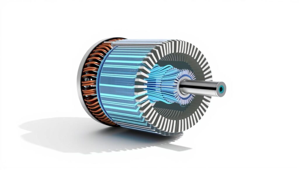 A cross-sectional diagram of a stepper motor, with a detailed view of its inner workings. The motor's stator features precisely wound coils, while the rotor is composed of evenly spaced teeth, creating a step-like structure. The diagram showcases the magnetic fields generated by the coils, illustrating how they interact with the rotor teeth to produce controlled, incremental rotational motion. The image has a technical, engineering-focused aesthetic, with clean lines, minimal background, and a neutral color palette to emphasize the mechanical components. The lighting is bright and directional, casting subtle shadows that accentuate the motor's intricate design. The perspective is slightly elevated, providing a comprehensive view of the stepper motor's essential features and principles of operation.