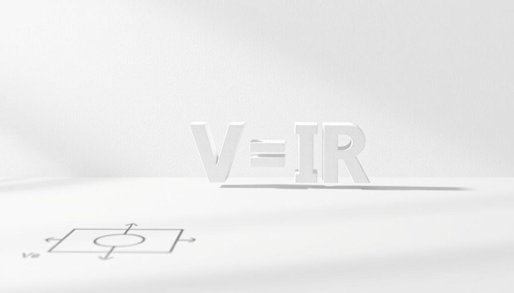 A detailed and technically accurate illustration of the fundamentals of Ohm's law. A clean, minimalist composition with a focus on simplicity and clarity. The foreground depicts a schematic diagram of a basic electrical circuit, including a voltage source, resistor, and current flow arrows. The middle ground showcases a visually striking 3D representation of Ohm's formula, V=IR, rendered with precise geometric forms and balanced proportions. The background features a subtly-textured gradient, creating a sense of depth and emphasizing the subject. Soft, directional lighting casts gentle shadows, accentuating the three-dimensional elements. An overall tone of scientific precision and educational elegance. A detailed and technically accurate illustration of the fundamentals of Ohm's law. A clean, minimalist composition with a focus on simplicity and clarity. The foreground depicts a schematic diagram of a basic electrical circuit, including a voltage source, resistor, and current flow arrows. The middle ground showcases a visually striking 3D representation of Ohm's formula, V=IR, rendered with precise geometric forms and balanced proportions. The background features a subtly-textured gradient, creating a sense of depth and emphasizing the subject. Soft, directional lighting casts gentle shadows, accentuating the three-dimensional elements. An overall tone of scientific precision and educational elegance.