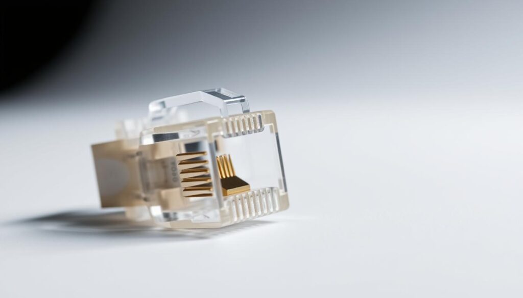 A detailed, close-up view of an RJ45 network connector, showcased against a clean, minimalist background. The connector's components are visible, including the plastic housing, metal pins, and the locking tab. The lighting is soft and even, highlighting the connector's intricate structure and metallic accents. The angle is slightly tilted to provide a dynamic perspective, inviting the viewer to examine the device's form and function. An atmosphere of technical precision and understated elegance pervades the scene, reflecting the connector's critical role in modern data transmission systems. A detailed, close-up view of an RJ45 network connector, showcased against a clean, minimalist background. The connector's components are visible, including the plastic housing, metal pins, and the locking tab. The lighting is soft and even, highlighting the connector's intricate structure and metallic accents. The angle is slightly tilted to provide a dynamic perspective, inviting the viewer to examine the device's form and function. An atmosphere of technical precision and understated elegance pervades the scene, reflecting the connector's critical role in modern data transmission systems.