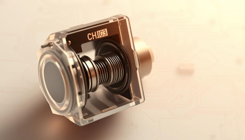 A detailed cross-section illustration of a monostable push button switch, showcasing its internal components and mechanism. The foreground features the button assembly with a clear plastic casing, revealing the conductive metal contacts, spring, and return mechanism. The middle ground depicts the circuit board with the electrical connections. The background exhibits a clean, technical layout with subtle grid lines, conveying a sense of precision engineering. Realistic textures, crisp edges, and warm studio lighting create a visually striking and informative image to explain the working principle of a monostable button.