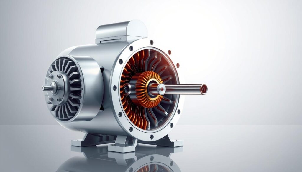 A detailed, high-resolution illustration of an electric motor, showcasing its internal components and workings. The motor is depicted in a bright, well-lit environment, with a clean, modern aesthetic. The foreground features the motor's core assembly, including the stator windings, rotor, and shaft, all rendered with precision and technical accuracy. The middle ground showcases the motor's housing, highlighting the sleek, minimalist design and emphasizing the motor's functional simplicity. The background provides context, with a neutral, gradient-based backdrop that allows the motor to take center stage. The overall composition conveys a sense of elegance and technical sophistication, perfectly suited to illustrate the "Wprowadzenie do silnika elektrycznego" section of the article.