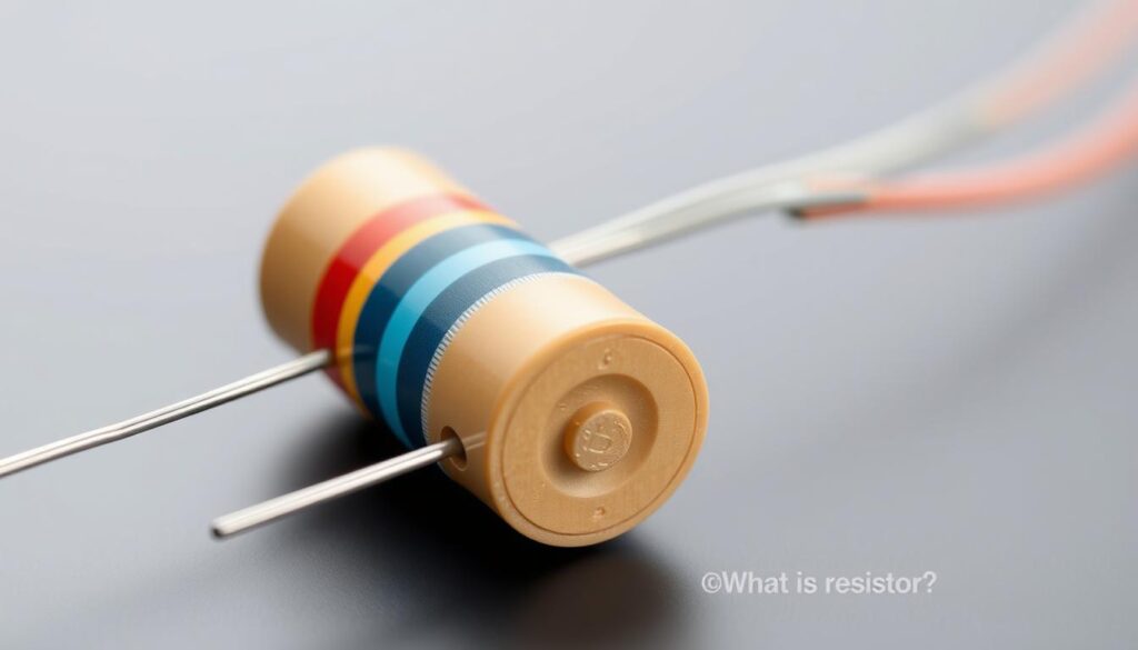 A detailed illustration of a resistor, showcasing its internal structure and key components. The resistor body is prominently displayed in the foreground, with a muted and blurred background to maintain focus. The resistor is depicted in a clean, technical style, with precise lines and accurate proportions. The image highlights the resistor's lead wires, the color-coded resistance bands, and the ceramic or metallic casing. The lighting is soft and even, creating a sense of depth and dimension. The overall composition conveys a sense of technical understanding and educational value, suitable for illustrating the concept of "What is a resistor?" in an electronics article.