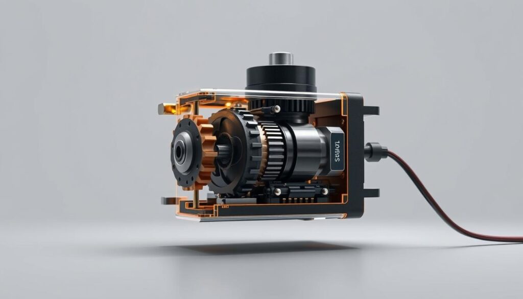A detailed technical illustration of a servo mechanism, with a close-up view of the internal components. The servo is shown in a cutaway cross-section, revealing the gears, motor, and control electronics. The scene is illuminated by soft, diffused lighting, creating a clean, technical aesthetic. The background is a muted grey, allowing the servo to be the central focus. The overall impression is one of precision engineering and functional design, conveying the core principles of servo operation. A detailed technical illustration of a servo mechanism, with a close-up view of the internal components. The servo is shown in a cutaway cross-section, revealing the gears, motor, and control electronics. The scene is illuminated by soft, diffused lighting, creating a clean, technical aesthetic. The background is a muted grey, allowing the servo to be the central focus. The overall impression is one of precision engineering and functional design, conveying the core principles of servo operation.