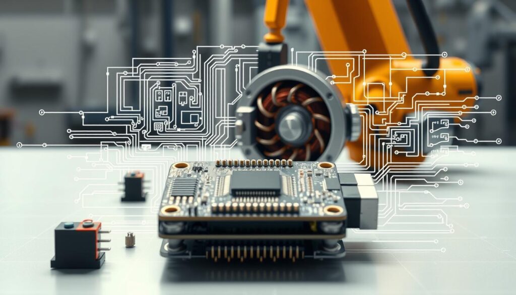 A detailed, technical schematic diagram of a stepper motor controller, rendered with precision and clarity. The foreground features a central microcontroller unit, surrounded by driver circuits, sensors, and control interfaces. The middle ground showcases the stepper motor itself, its windings and rotor components depicted with intricate accuracy. The background subtly hints at the broader application, perhaps an industrial setting or a robotic arm. The lighting is crisp and evenly distributed, highlighting the mechanical complexity and electronic sophistication of the system. The overall mood conveys a sense of engineering prowess and practical functionality. A detailed, technical schematic diagram of a stepper motor controller, rendered with precision and clarity. The foreground features a central microcontroller unit, surrounded by driver circuits, sensors, and control interfaces. The middle ground showcases the stepper motor itself, its windings and rotor components depicted with intricate accuracy. The background subtly hints at the broader application, perhaps an industrial setting or a robotic arm. The lighting is crisp and evenly distributed, highlighting the mechanical complexity and electronic sophistication of the system. The overall mood conveys a sense of engineering prowess and practical functionality.