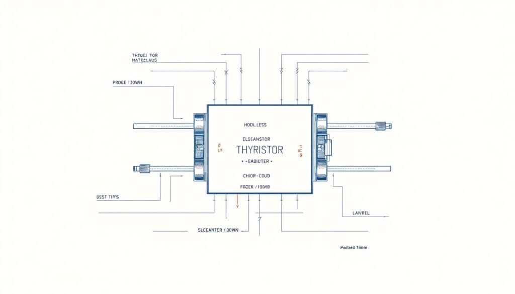 A high-quality, detailed technical diagram of a thyristor, with a clear, labeled schematic showcasing its internal structure and key components. The diagram should be rendered with precision, using a mix of technical lines, shapes, and annotations to convey the thyristor's function and properties. The background should be a neutral, clean tone to emphasize the technical nature of the subject, while the overall composition should be balanced, visually appealing, and easily understandable for an electrical engineering audience. A high-quality, detailed technical diagram of a thyristor, with a clear, labeled schematic showcasing its internal structure and key components. The diagram should be rendered with precision, using a mix of technical lines, shapes, and annotations to convey the thyristor's function and properties. The background should be a neutral, clean tone to emphasize the technical nature of the subject, while the overall composition should be balanced, visually appealing, and easily understandable for an electrical engineering audience.