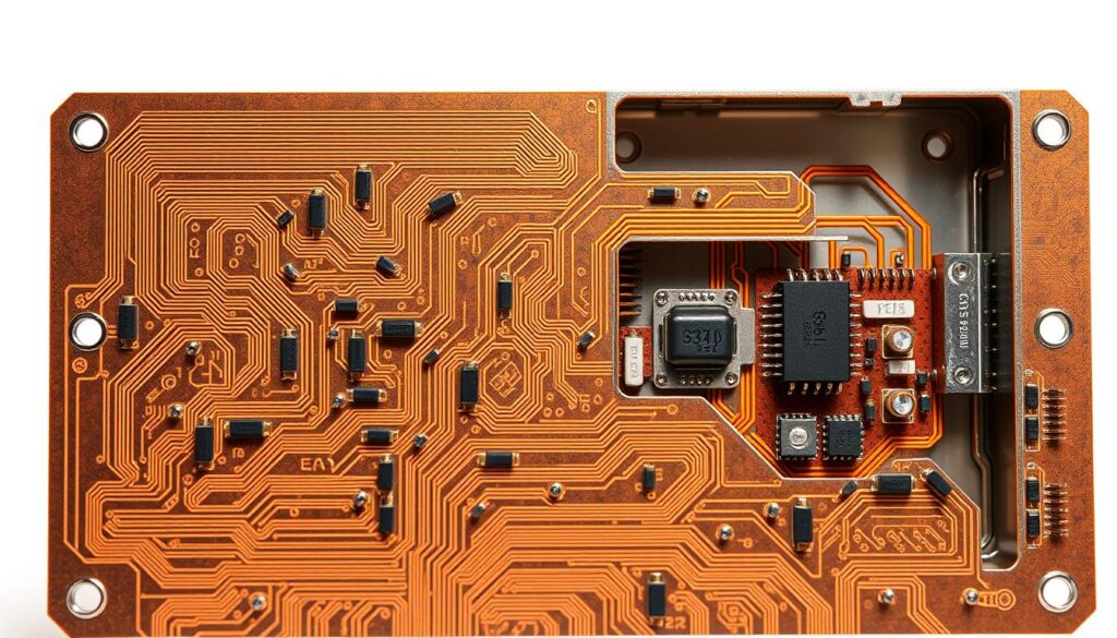 A highly detailed, cross-sectional technical illustration of a voltage regulator mechanism. Visible in the foreground is the main circuit board with precisely etched copper traces, resistors, capacitors, and other electronic components. The middle ground showcases the inner workings, including the voltage reference circuitry, error amplifier, and pass transistor, all rendered in intricate detail. The background depicts the regulator's metal housing, with a cutaway view revealing the inner structure. The lighting is crisp and evenly distributed, showcasing the textures and materials. The overall aesthetic is clean, technical, and informative, perfectly suited to educate readers on the inner workings of a voltage regulator.