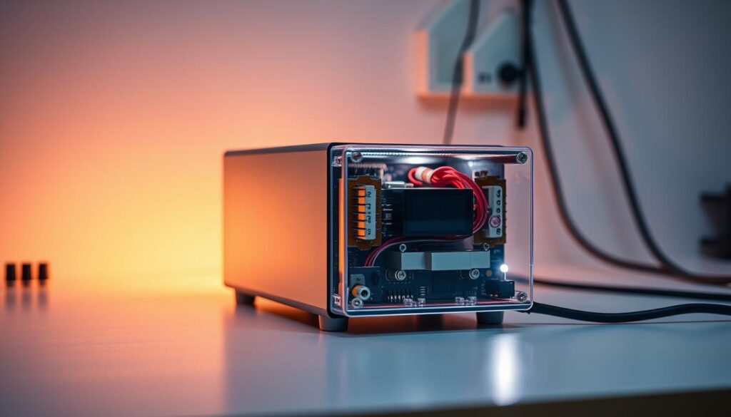 A sleek, metallic step-down converter nestled on a clean, minimalist workbench, backlit by a soft, warm glow. The device's interior components are visible through a transparent casing, showcasing the intricate circuitry that powers the step-down conversion process. The lighting casts dramatic shadows, emphasizing the technical details and engineering prowess behind this essential electronic component. The overall atmosphere is one of precision, efficiency, and the seamless integration of technology into modern electronic systems.