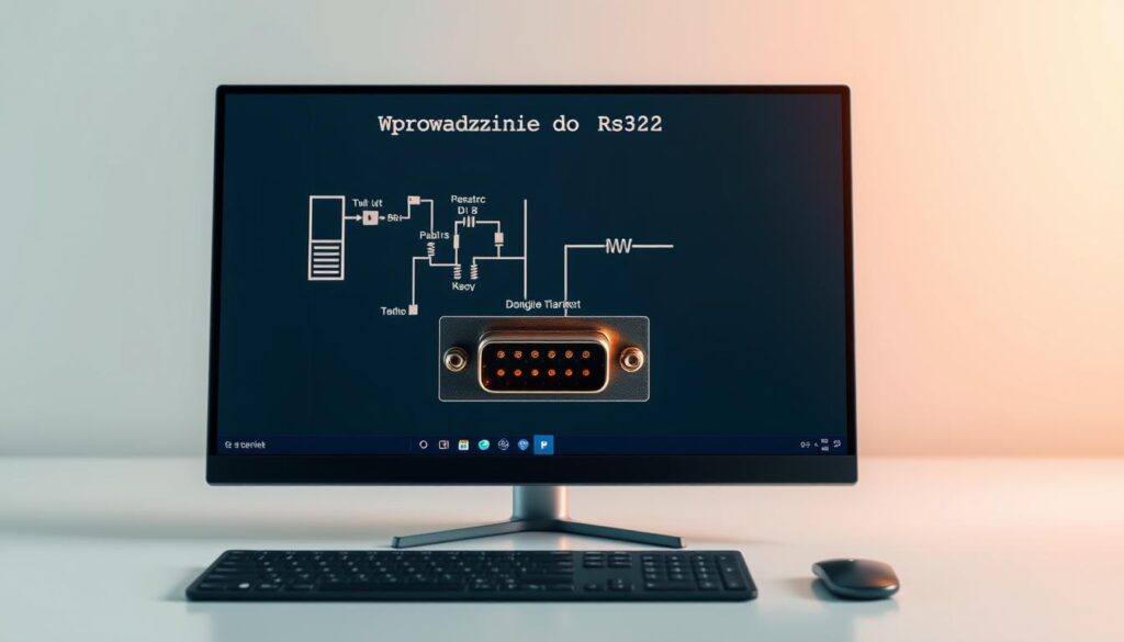 A sleek, modern computer interface displaying a schematic diagram of the RS232 serial communication standard. The foreground features a simplified circuit board with labeled components like transistors, resistors, and connectors. The middle ground showcases the 9-pin serial port connector in vivid detail, its metallic casing gleaming under warm, focused lighting. The background gently fades into a minimalist, gradient-based environment, emphasizing the technical nature of the subject matter. The overall aesthetic is clean, technical, and informative, reflecting the "Wprowadzenie do RS232" section of the article.