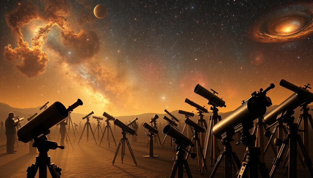 A vast cosmic landscape, illuminated by the soft glow of celestial objects. In the foreground, a collection of diverse telescopes, each with its unique design and purpose - refractors, reflectors, and compound models, capturing the wonders of the universe. The middle ground showcases the evolution of these technological marvels, from the earliest primitive instruments to the modern, highly sophisticated observatories. In the background, a tapestry of nebulae, galaxies, and stars, creating a captivating backdrop that inspires wonder and a deeper understanding of the cosmos. Warm, diffused lighting casts a dreamlike atmosphere, inviting the viewer to explore the rich history and significance of these remarkable tools that have expanded our knowledge of the universe.