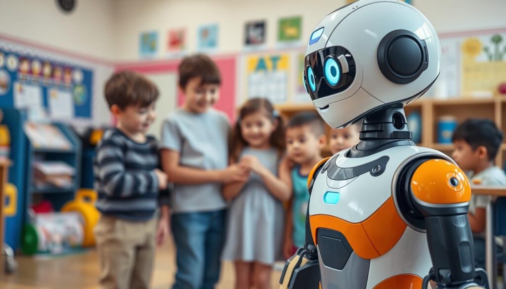 An educational robot standing prominently in the foreground, its sleek and colorful body hinting at its technological sophistication. In the middle ground, a group of children gathered around, their faces alight with curiosity and wonder as they interact with the robot. The background is a warm, inviting classroom setting, with educational posters and supplies lining the walls, conveying a sense of learning and exploration. The lighting is soft and natural, casting a gentle glow over the scene. The camera angle is slightly elevated, capturing the interaction from an optimal vantage point. The overall atmosphere is one of discovery, as the children learn the basics of electronics and programming through hands-on engagement with the captivating educational robot.
