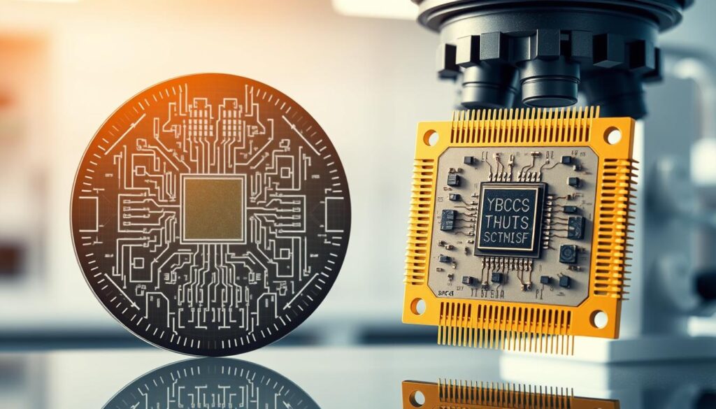 A cross-section of a contemporary microchip, showcasing its intricate inner workings. In the foreground, a magnified view of the silicon wafer, meticulously etched with a complex network of interconnected transistors and conductive traces. The middle ground features a schematic diagram, illustrating the logical flow and integration of the chip's fundamental components. The background depicts a clean, well-lit laboratory setting, with the microchip suspended in an analytical apparatus, emphasizing the precision and technological sophistication involved in its design and manufacture. The overall tone is one of scientific curiosity and the marvels of modern electronics.