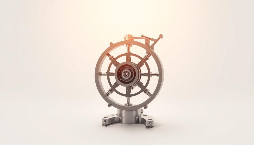 A detailed technical illustration of a classic two-axis gyroscope mechanism against a clean white background. Crisp, high-resolution rendering with precise mechanical details, including the inner rotor, gimbal suspension, and mounting brackets. Warm, directional lighting from the top left casts subtle shadows, emphasizing the intricate 3D structure. The gyroscope is positioned in the center, occupying the majority of the frame, with just enough negative space to provide visual balance. The overall mood is one of scientific precision and functional elegance, perfectly suited to introduce the core principles of gyroscopic technology.