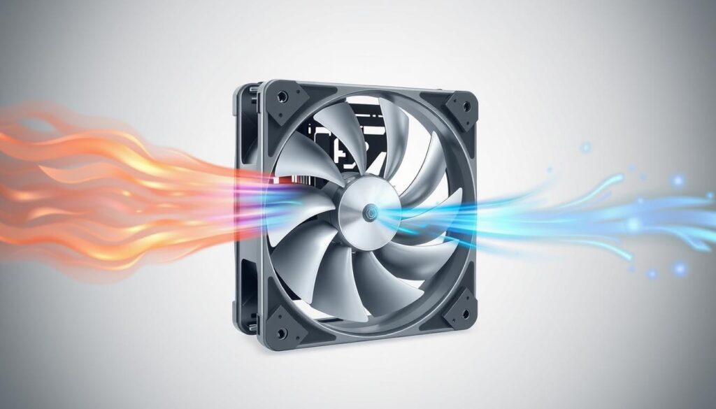 A detailed technical illustration of a computer fan or ventilator, showcasing its inner components and airflow dynamics. The fan is shown in a cutaway view, with the casing partially removed to reveal the intricate blades, motor, and supporting frame. Warm air flows into the fan from the left, while cool air is expelled outwards, creating a visual representation of the ventilation process. The overall lighting is soft and even, with some subtle shadows to highlight the depth and structure of the device. The image has a clean, technical aesthetic, suitable for inclusion in an informative article on the principles of fan-based cooling systems.